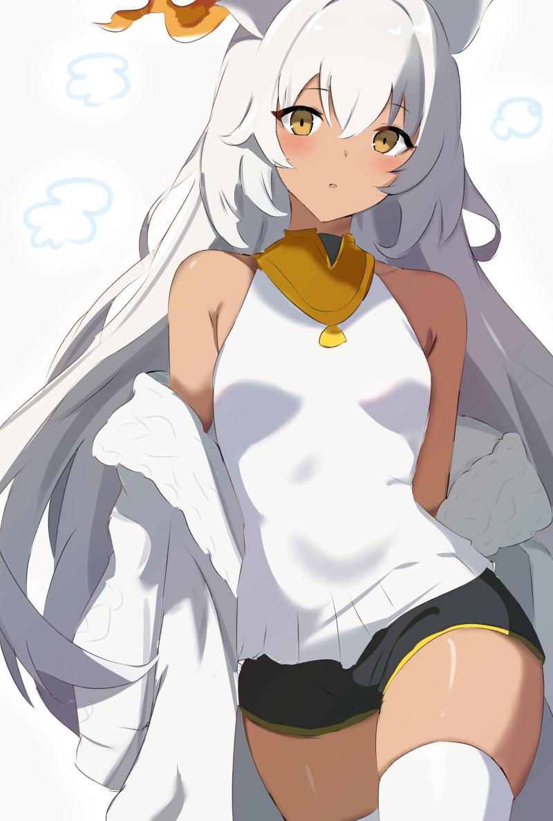 1girl, animal_ears, arknights, bare_shoulders, beeswax_(arknights), beeswax_(weisser_sand)_(arknights), black_shorts, blush, cowboy_shot, dark-skinned_female, dark_skin, goat_ears, goat_horns, hair_between_eyes, horns, jacket, long_hair, looking_at_viewer, official_alternate_costume, official_art, open_clothes, open_jacket, parted_lips, raifu_(rf), shirt, short_shorts, shorts, simple_background, sleeveless, sleeveless_shirt, solo, thighhighs, thighs, very_long_hair, white_background, white_hair, white_jacket, white_shirt, white_thighhighs, yellow_eyes