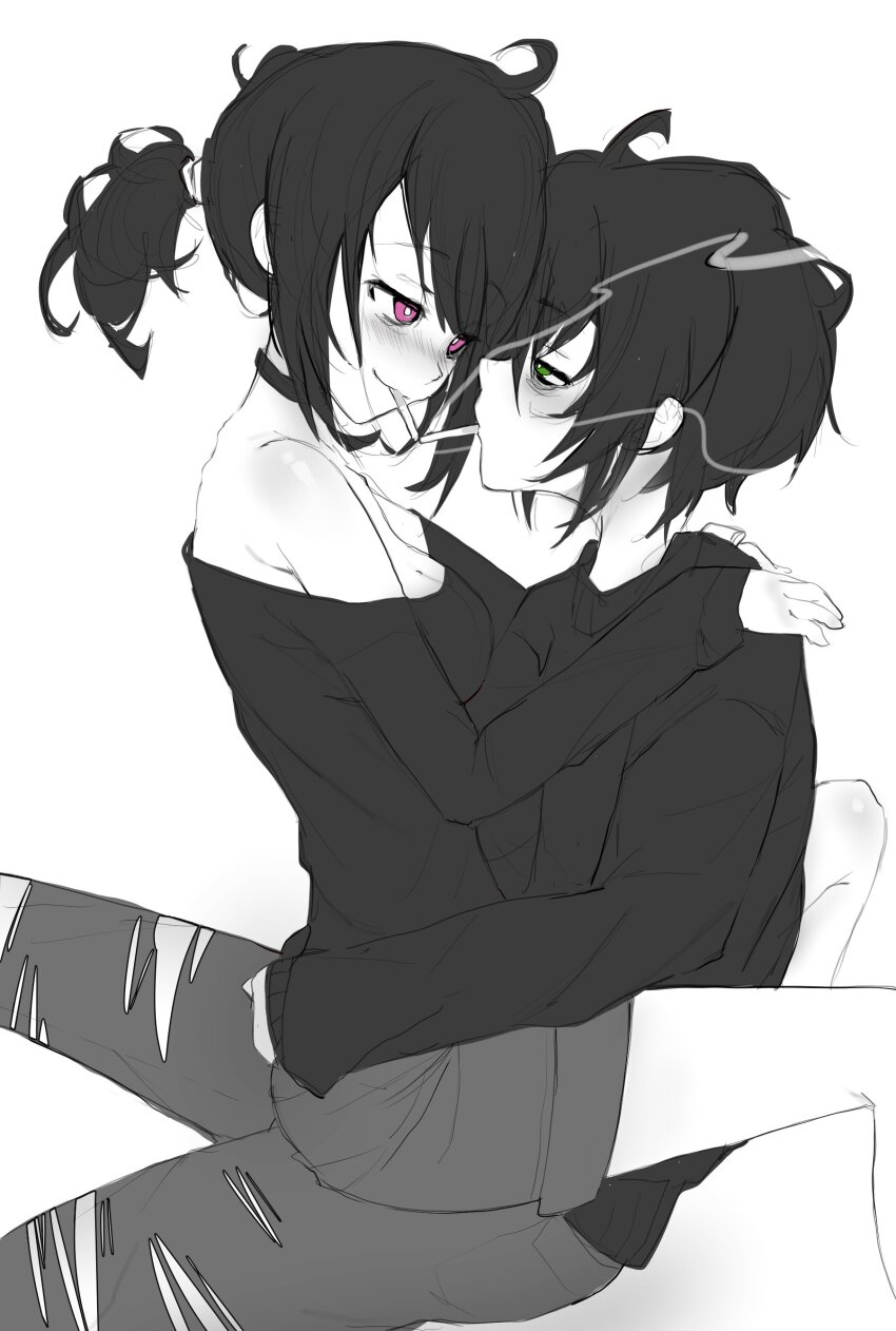 1boy, 1girl, absurdres, andrew_graves_(the_coffin_of_andy_and_leyley), ashley_graves, bare_shoulders, black_hair, black_sweater, blush, cigarette, cigarette_kiss, dizzy_(nadecola9), green_eyes, highres, hug, pants, pink_eyes, ponytail, siblings, sitting, sitting_on_person, smug, sweater, the_coffin_of_andy_and_leyley, torn_clothes, torn_pants, white_background