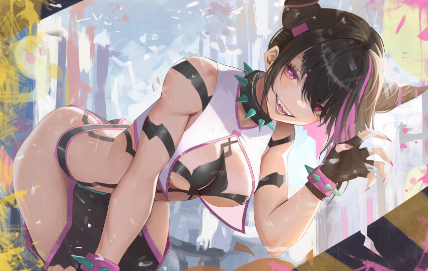 1girl, all_fours, asymmetrical_bangs, baggy_pants, bare_shoulders, black_hair, body_markings, bracelet, breasts, chinese_clothes, claw_pose, cleavage, collar, drill_hair, dudou, fingerless_gloves, fingernails, gloves, hair_horns, han_juri, highres, jewelry, medium_breasts, midriff, multicolored_hair, neo_(neorarty3), open_clothes, open_mouth, pants, partially_unzipped, pink_eyes, pink_hair, sharp_fingernails, sharp_teeth, sleeveless, smile, solo, spiked_bracelet, spiked_collar, spikes, street_fighter, teeth, toned, twin_drills, zipper_legwear