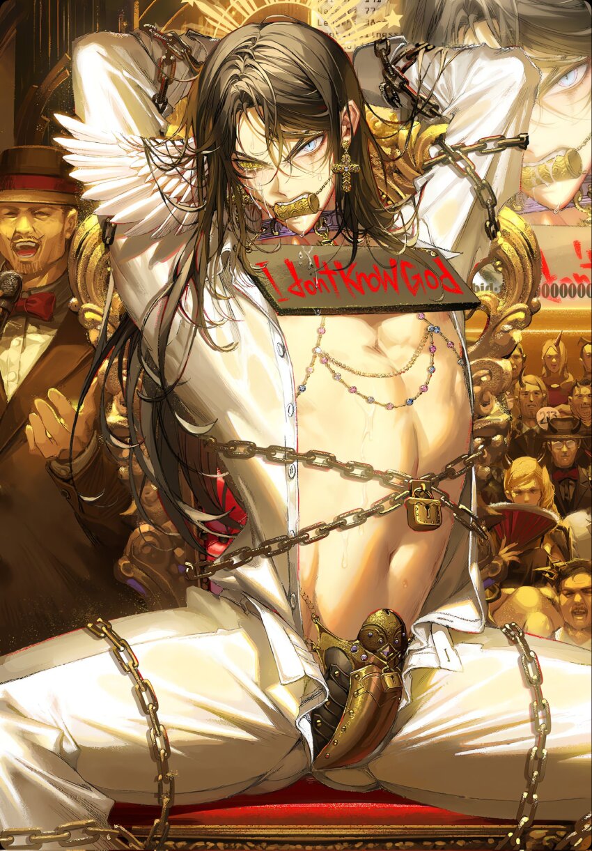 >:(, 6+boys, 6+girls, angel_wings, angry, animal_ears, auction, bdsm, blasphemy, bondage, bound, buttons, chain, chastity_cage, chastity_cage-belt, chinese_commentary, close-up, cloth_gag, collar, commentary, cross, demon, furious, gag, gagged, gem, gold_chastity_cage, hand_fan, highres, humiliation, improvised_gag, jewelry, lock, long_hair, male_focus, michael_(what_in_hell_is_bad_), multiple_boys, multiple_girls, navel, necktie, padlock, padlocked_chastity_cage, pants, pectoral_cleavage, pectorals, prettybusy_kr, short_hair_with_long_locks, sitting, tears, unzipped, v-shaped_eyebrows, what_in_hell_is_bad, wings