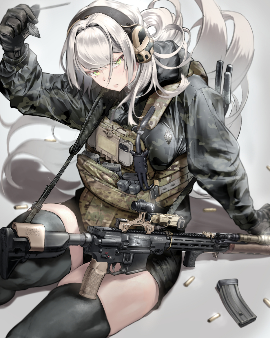 1girl, ammunition, ammunition_pouch, ar-15, arm_support, arm_up, black_gloves, black_jacket
