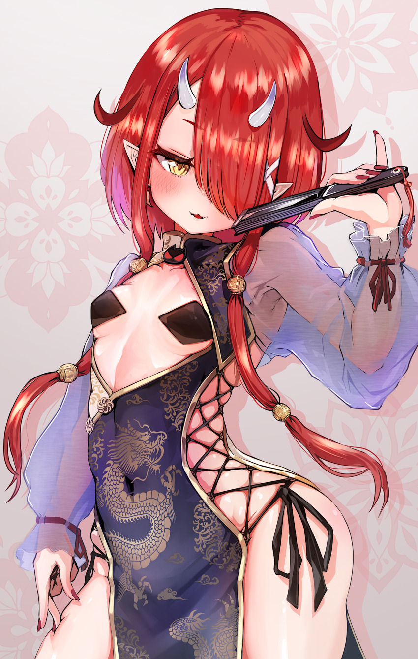 1girl, black_dress, blush, breasts, china_dress, chinese_clothes, commentary_request, contrapposto