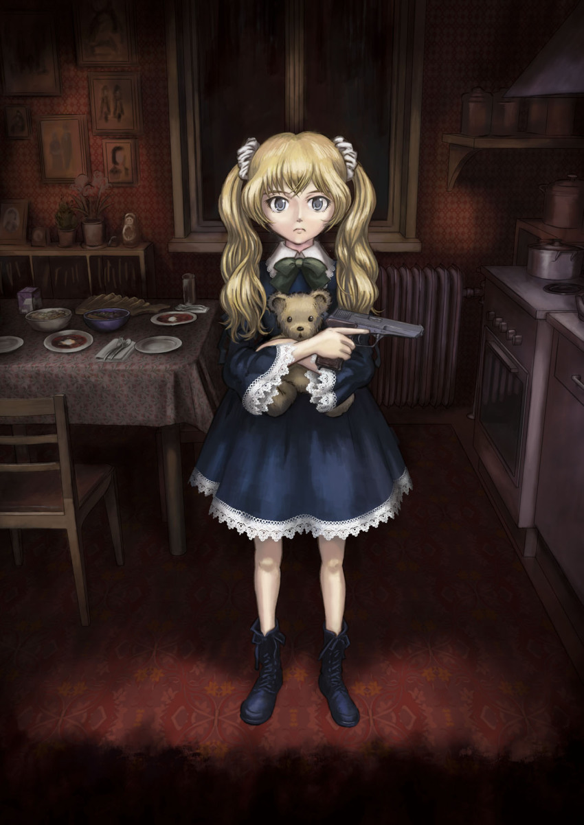 1girl, blonde_hair, blue_eyes, boots, cz_52, doll, female_focus, gun