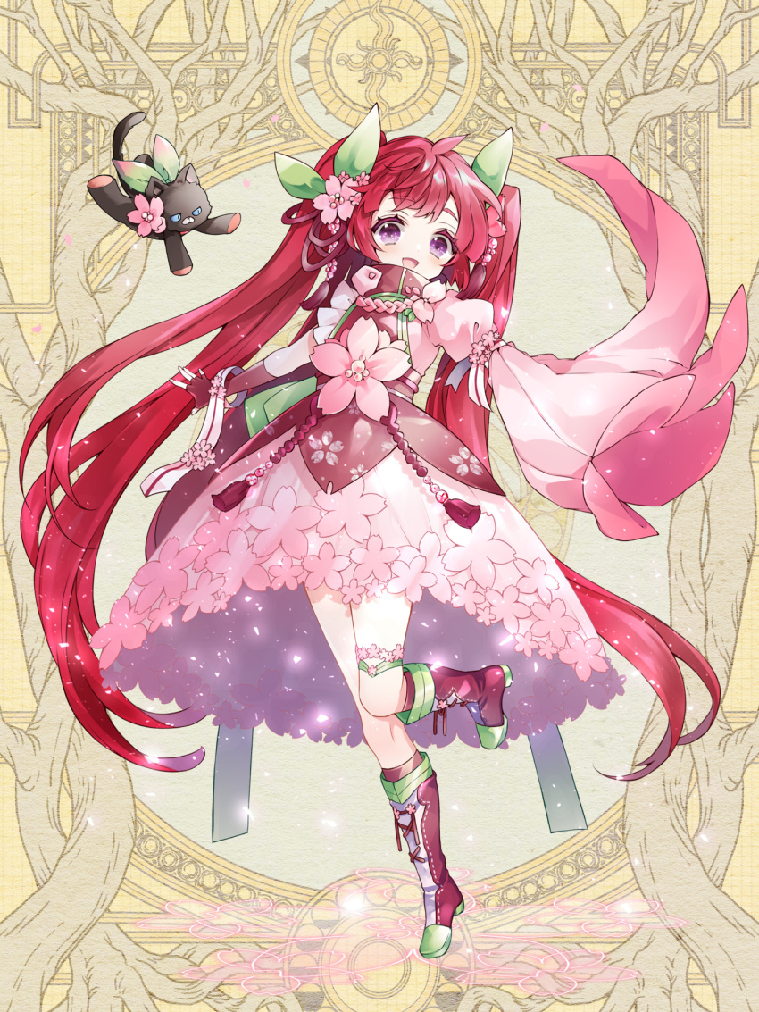 1girl, :d, black_cat, boots, cat, dairoku_ryouhei, dress, dress_flower