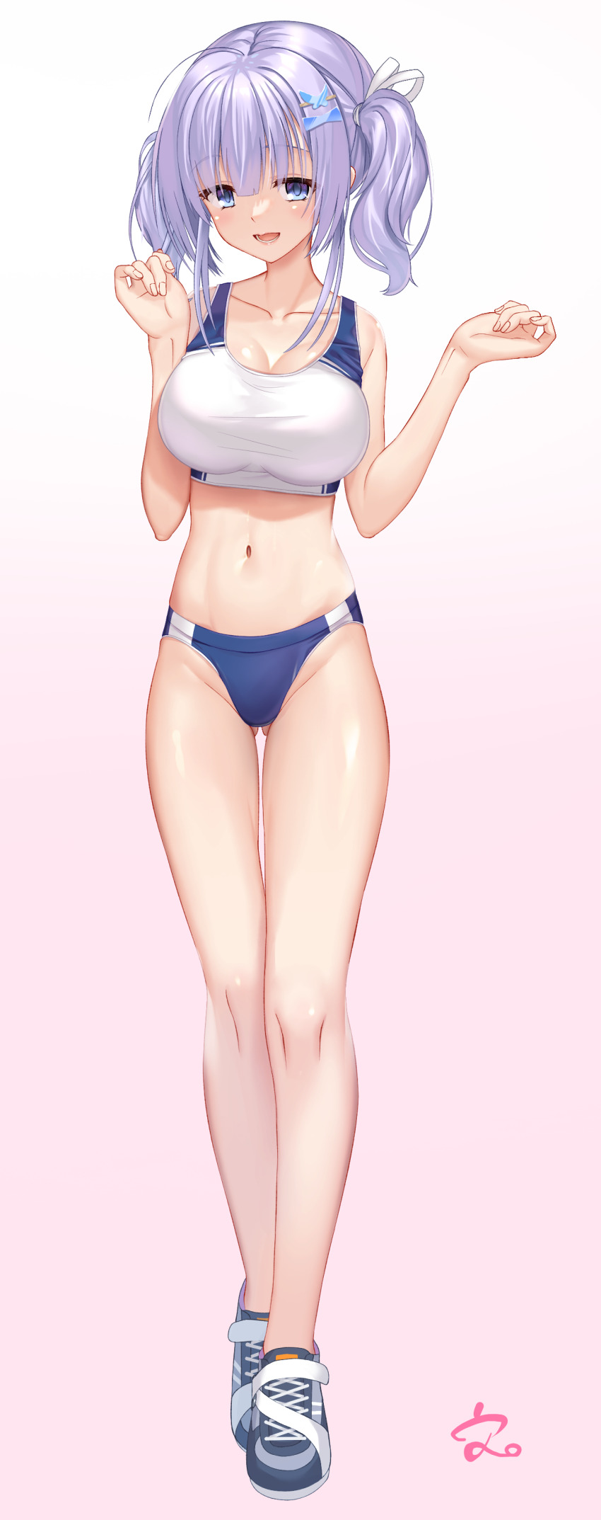 1girl, absurdres, ahoge, alternate_breast_size_(larger), amairo_islenauts, bare_arms, blue_bow, blue_buruma