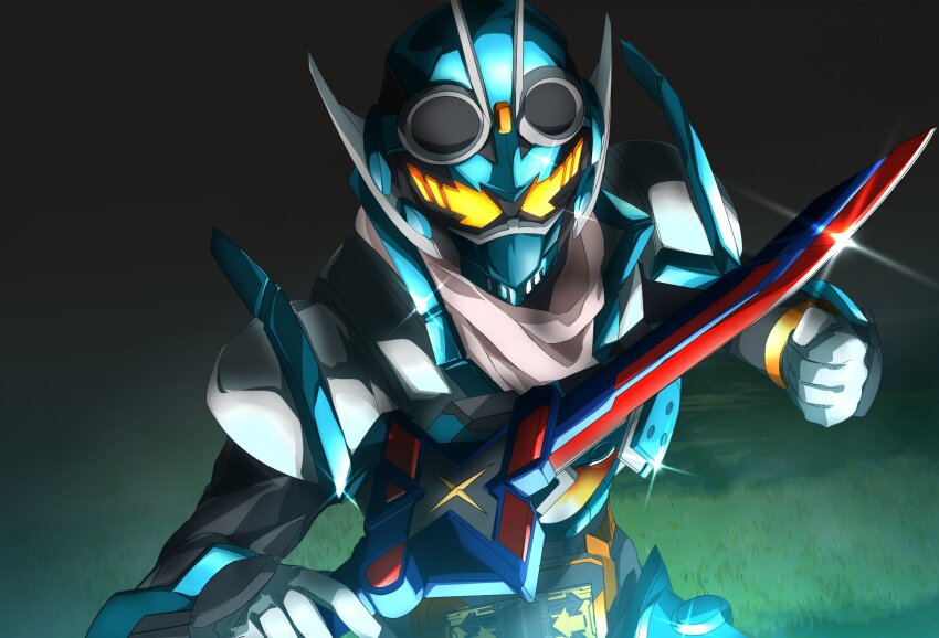 1boy, armor, blue_armor, body_armor, commentary, compound_eyes, rider_belt, gloves, goggles, goggles_on_head, gotcha_driver, gotchardcalibur, highres, holding, holding_sword, holding_weapon, kamen_rider, kamen_rider_gotchard, kamen_rider_gotchard_(series), looking_at_viewer, looking_up, male_focus, miyabi_(037), scarf, standing, steam_hopper, sword, tokusatsu, upper_body, weapon, white_gloves, white_scarf, yellow_eyes