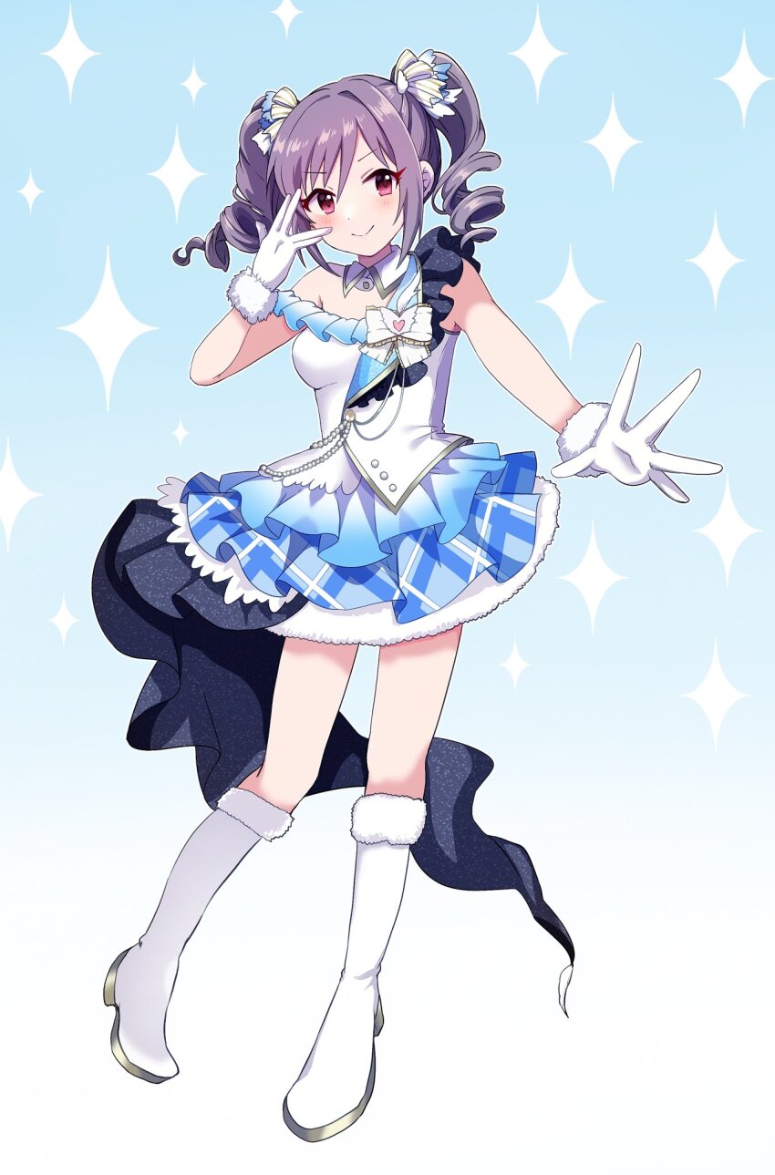 1girl, alternate_costume, bare_shoulders, beyond_the_bluesky_(idolmaster), blue_background, blue_dress, blush, boots