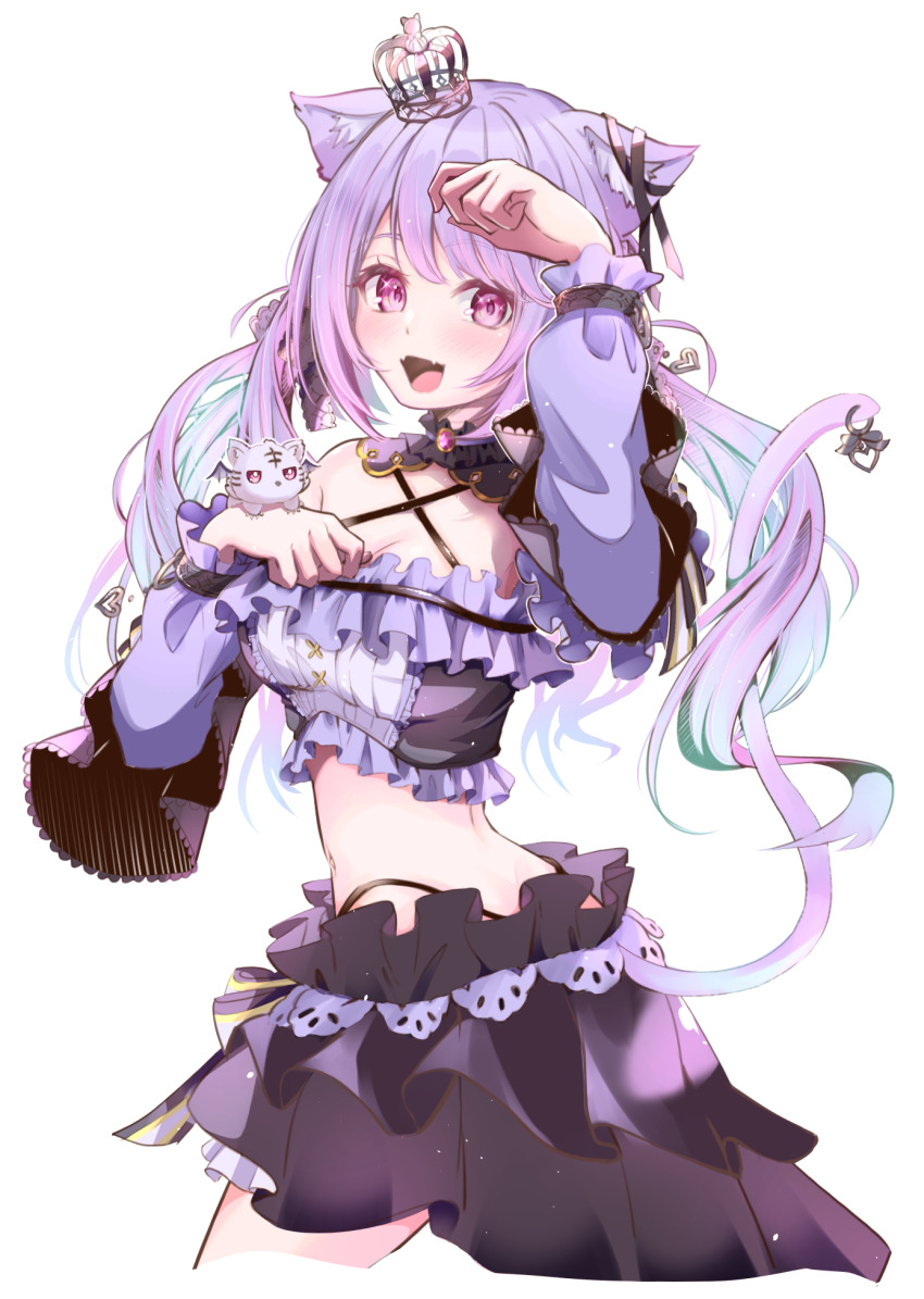 1girl, animal_ears, black_collar, black_ribbon, black_shirt, black_skirt, blush, bow