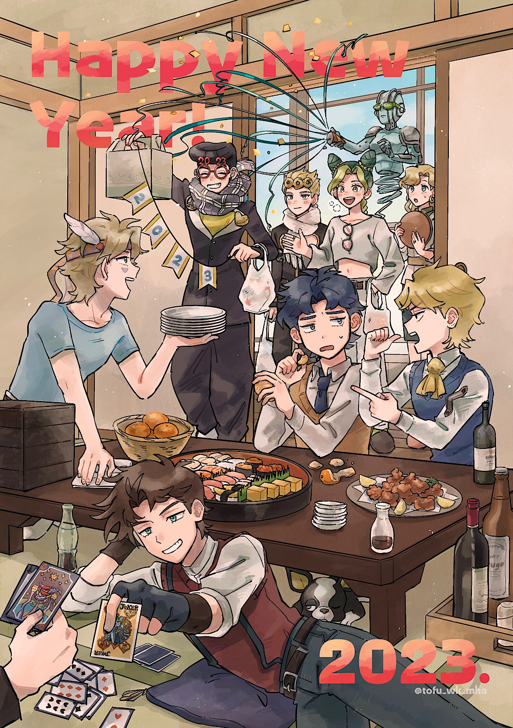 2023, 2girls, 6+boys, :d, ace_(playing_card), ace_of_hearts, alcohol, ascot