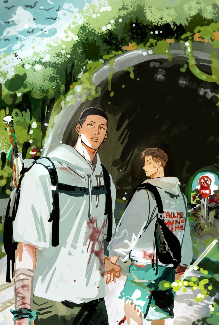 2boys, backpack, bag, bandaged_arm, bandages, black_eyes, black_hair, brown_eyes