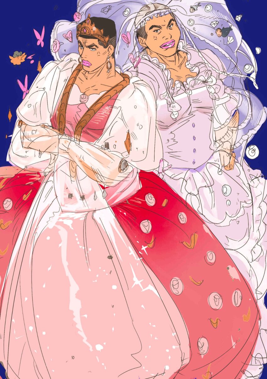 2boys, akagi_takenori, anger_vein, black_hair, bridal_veil, bug, butterfly, crossdressing