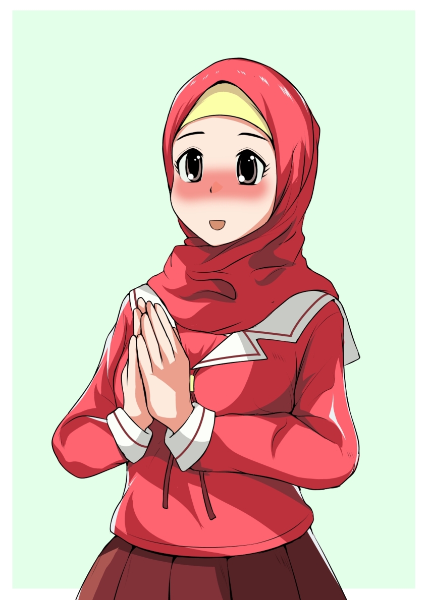 1girl, achmad_sjahrir, azumanga_daioh's_school_uniform, azumanga_daiou, brown_eyes, highres, hijab, kasuga_ayumu, islam, own_hands_together, pink_serafuku, pink_shirt, pleated_skirt, red_hijab, school_uniform, serafuku, shirt, skirt, solo