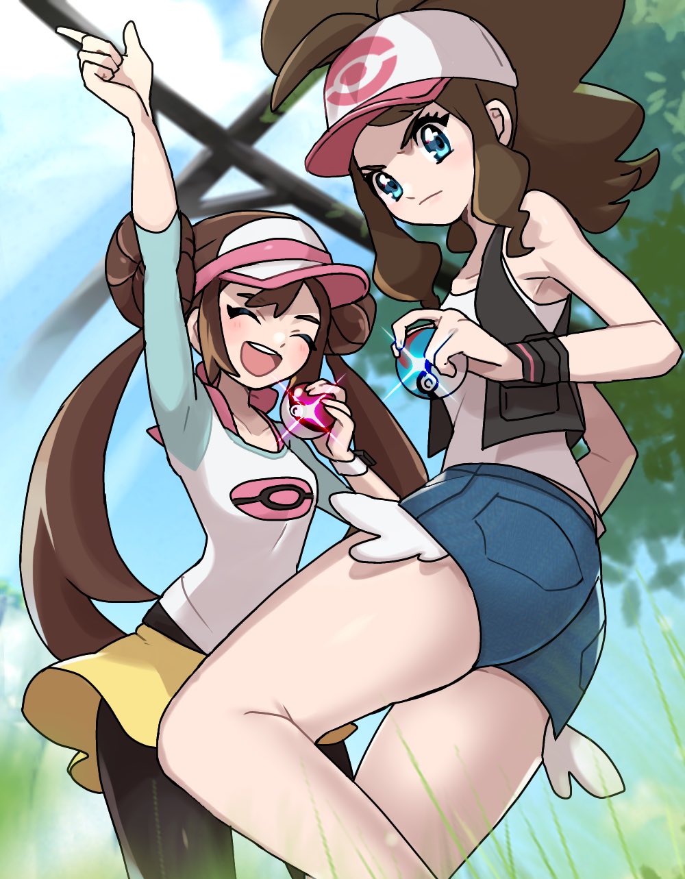 2girls, ass, bare_shoulders, baseball_cap, black_leggings, blue_eyes, blurry, blurry_background