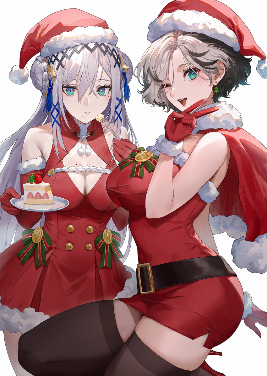 2girls, :d, animal_ears, aqua_eyes, bare_shoulders, belt, black_belt, breasts
