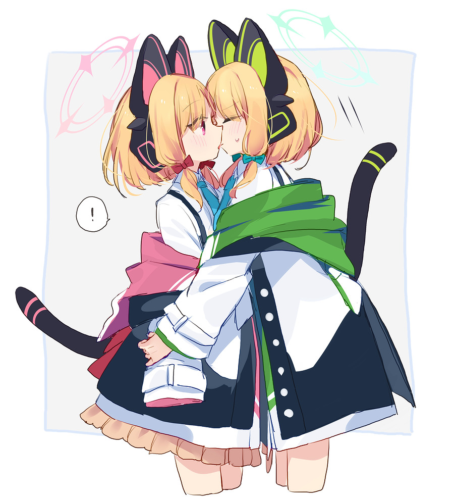 2girls, animal_ear_headphones, animal_ears, blonde_hair, blue_archive, cat_tail, fake_animal_ears, headphones, jacket, kiss, long_sleeves, midori_(blue_archive), momoi_(blue_archive), multiple_girls, short_hair, siblings, sisters, tail, twins, white_jacket, yun_(dust-i1), yuri