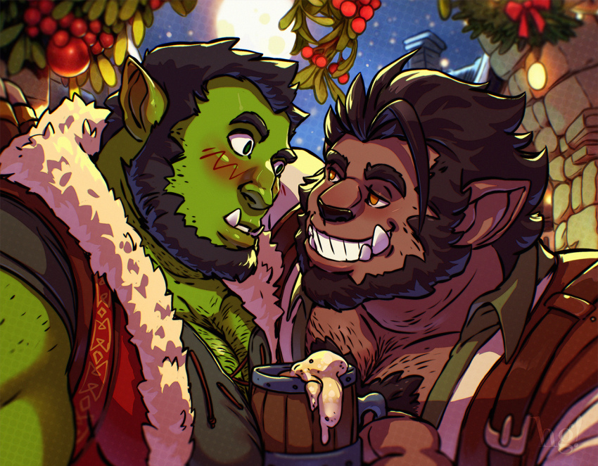 2boys, alcohol, back_hair, bara, beard, beer, between_pectorals, blush, colored_skin, commission, couple, dark-skinned_male, dark_skin, face-to-face, facial_hair, from_side, full_beard, fur-trimmed_jacket, fur_trim, furry, furry_with_non-furry, green_skin, hairy, hey_guffaw, imminent_kiss, interspecies, jacket, large_pectorals, male_focus, mature_male, mistletoe, monster_boy, multiple_boys, muscular, muscular_male, orc, original, pectoral_cleavage, pectoral_press, pectorals, pointy_ears, pushing, seductive_smile, short_hair, smile, thick_beard, thick_chest_hair, thick_eyebrows, tusks, wide-eyed, wolf_boy, yaoi