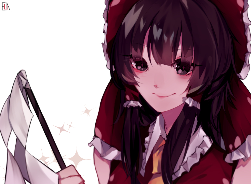 1girl, artist_logo, bare_shoulders, black_eyes, black_hair, bow, euneun, gohei