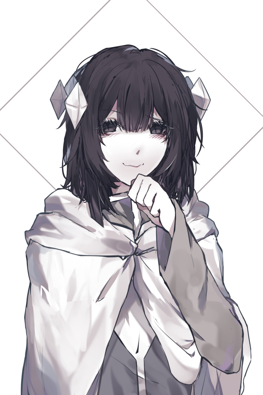 1girl, absurdres, black_eyes, black_hair, cloak, crown, etihw_(funamusea), euneun