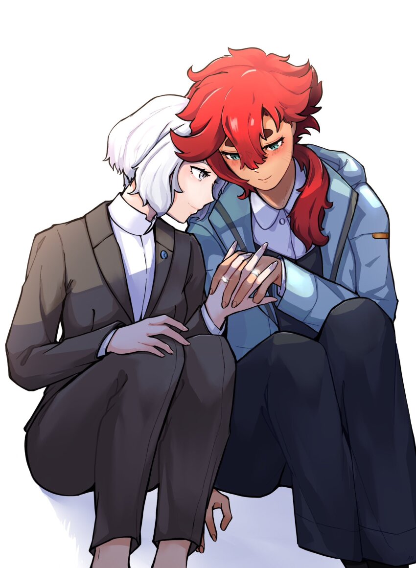 2girls, coat, dark-skinned_female, dark_skin, facial_scar, female_focus, formal_clothes, green_eyes