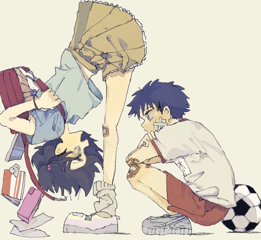 1boy, 1girl, backpack, bag, bags_under_eyes, ball, bandage_on_face, bandages, bandaid, bandaid_on_arm, bandaid_on_knee, bandaid_on_leg, black_hair, blue_hair, blue_shirt, eye_contact, green_eyes, grey_footwear, gym_shirt, highres, kuroki_tomoki, kuroki_tomoko, looking_at_another, meimeiner, profile, red_bag, red_shorts, shirt, shoes, short_hair, short_sleeves, shorts, simple_background, skirt, soccer_ball, squatting, standing, watashi_ga_motenai_no_wa_dou_kangaetemo_omaera_ga_warui!, white_shirt, white_shoes, yellow_skirt