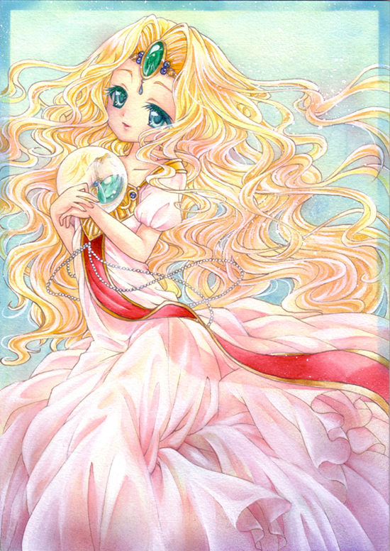 1990s_(style), 1girl, blonde_hair, border, circlet, collarbone, dress, emeraude_(rayearth), female_focus, gem, gown, green_eyes, green_gem, holding, long_hair, magic_knight_rayearth, open_mouth, original, pink_dress, princess, retro_artstyle, smile, solo, totsuki, very_long_hair