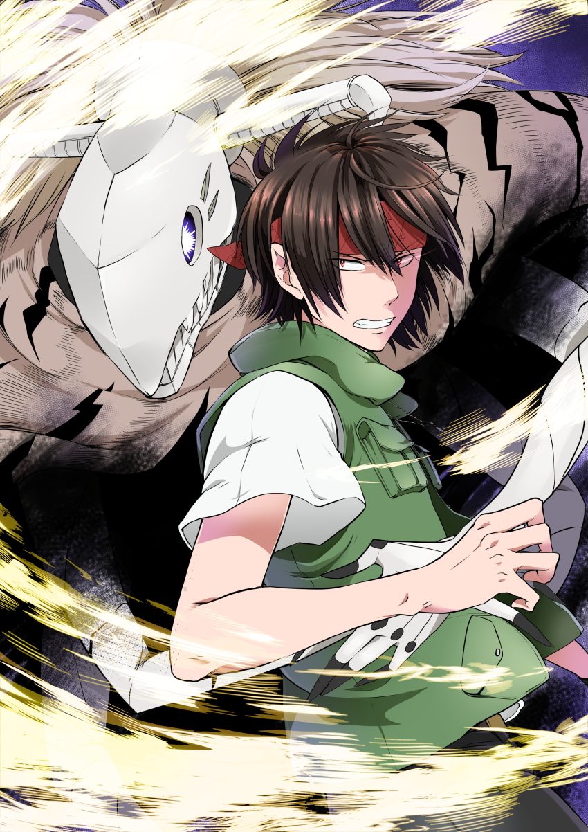 1boy, absurdres, amane_(yukiango69), black_pants, blue_eyes, brown_hair, green_vest, grimace