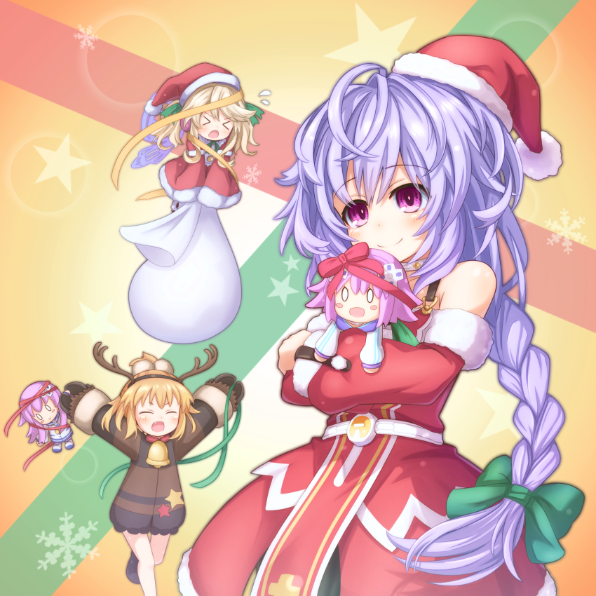 3girls, absurdres, bag, blush, braid, christmas, hat, highres