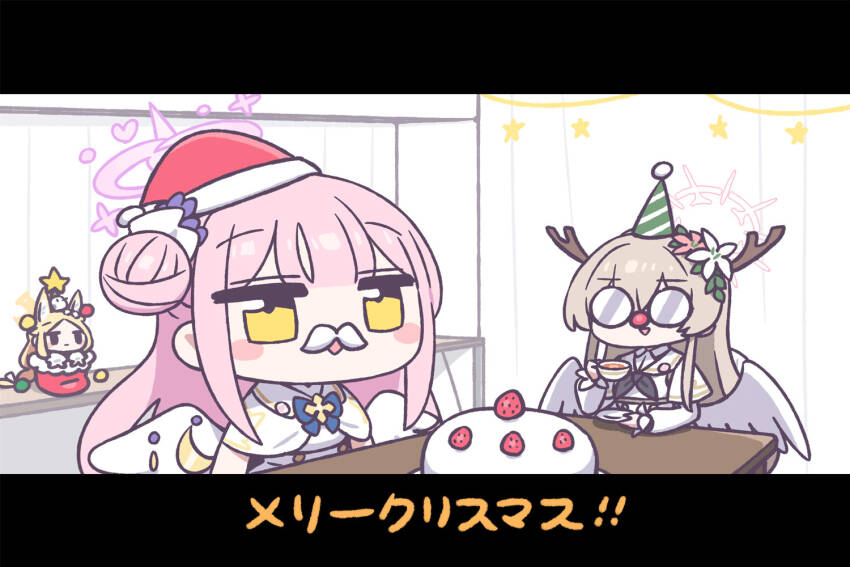 3girls, angel_wings, animal_ears, blonde_hair, blue_archive, blush_stickers, cake, chan_co