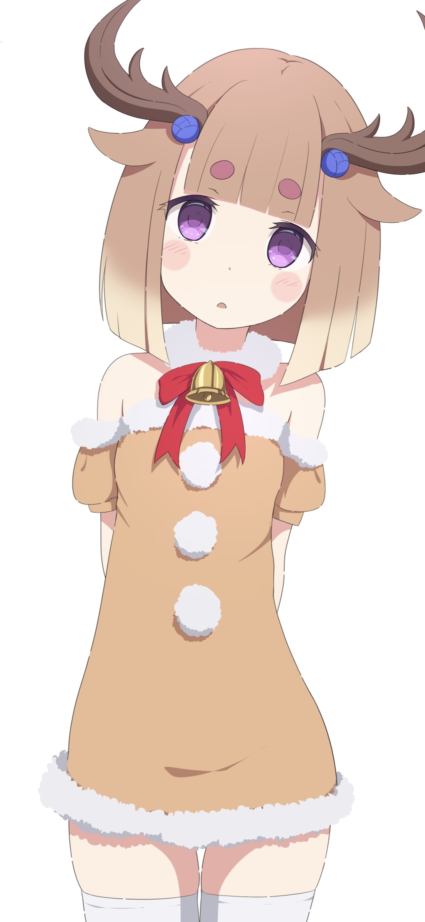 1girl, absurdres, animal_ears, antlers, arms_behind_back, bare_shoulders, bell, blue_flower