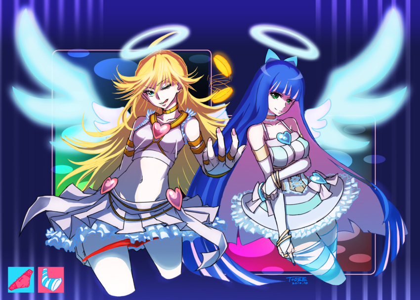 10s, 2girls, alternate_costume, angel_wings, blonde_hair, blue_eyes, blue_hair, bow