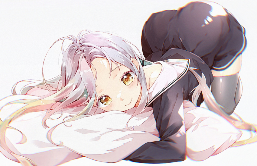 1girl, all_fours, ass, black_serafuku, blush, closed_mouth, grey_background, grey_hair