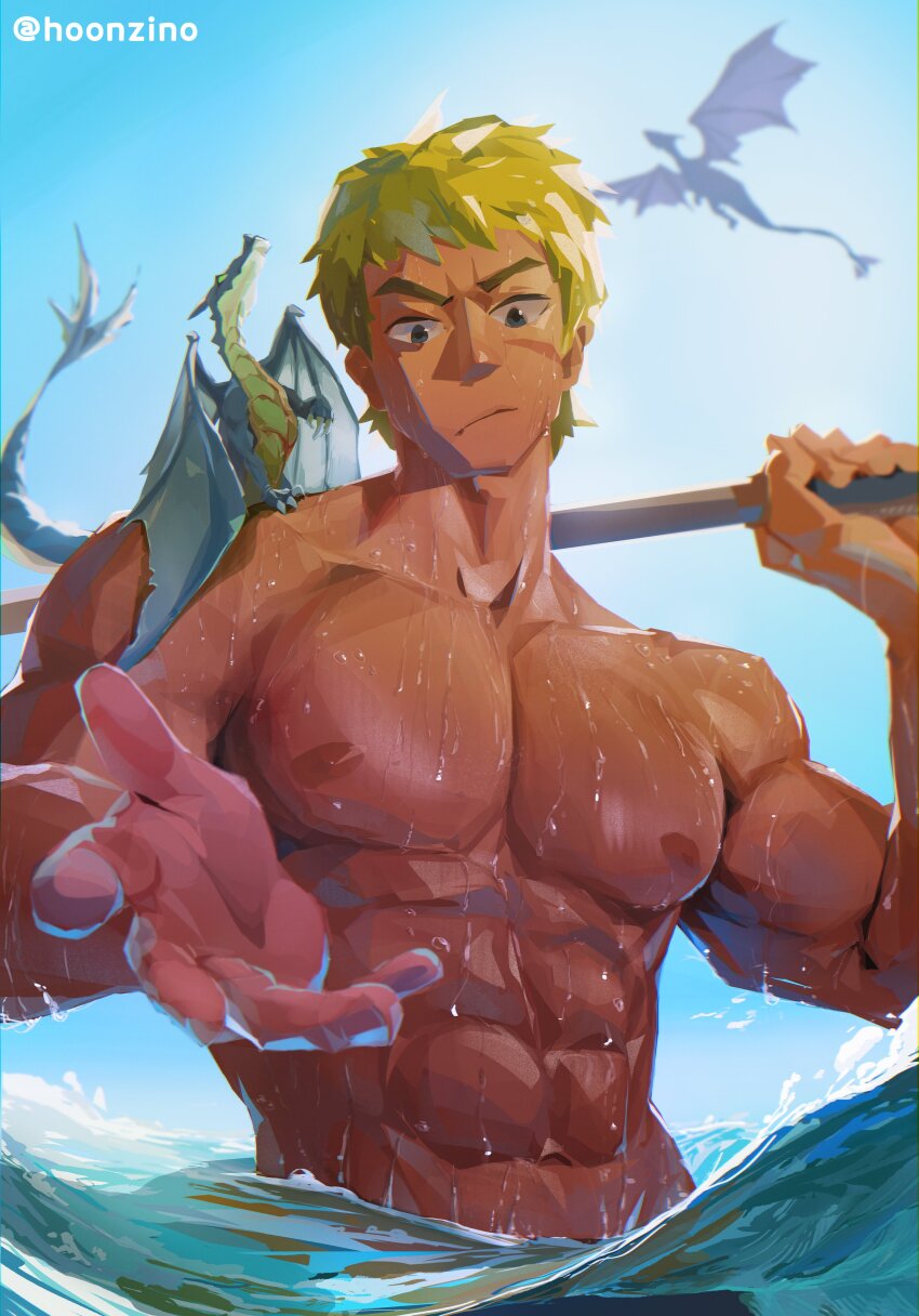 1boy, abs, absurdres, blonde_hair, blue_sky, closed_mouth, collarbone, cormag_(fire_emblem)