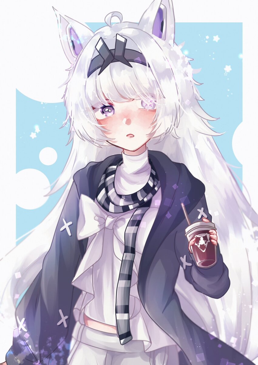 ahoge, alternate_costume, animal_ears, black_coat, black_hairband, coat, cross-shaped_pupils, grey_eyes