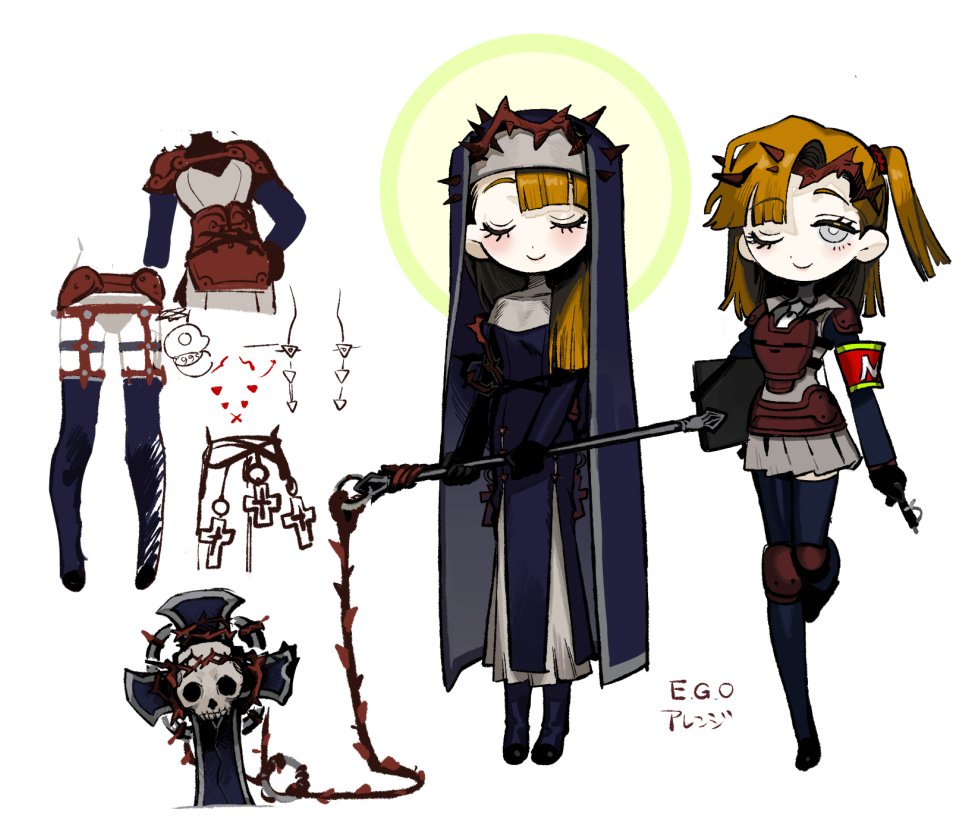 1girl, armor, e.g.o_(project_moon), employee_(project_moon), garter_straps, grey_eyes, habit, holding