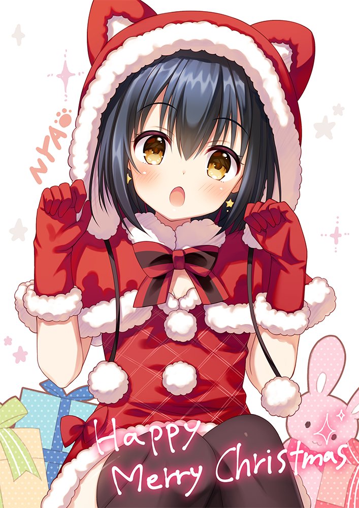 1girl, :o, alternate_costume, ambitious_mission, animal_hood, black_hair, black_thighhighs, blush