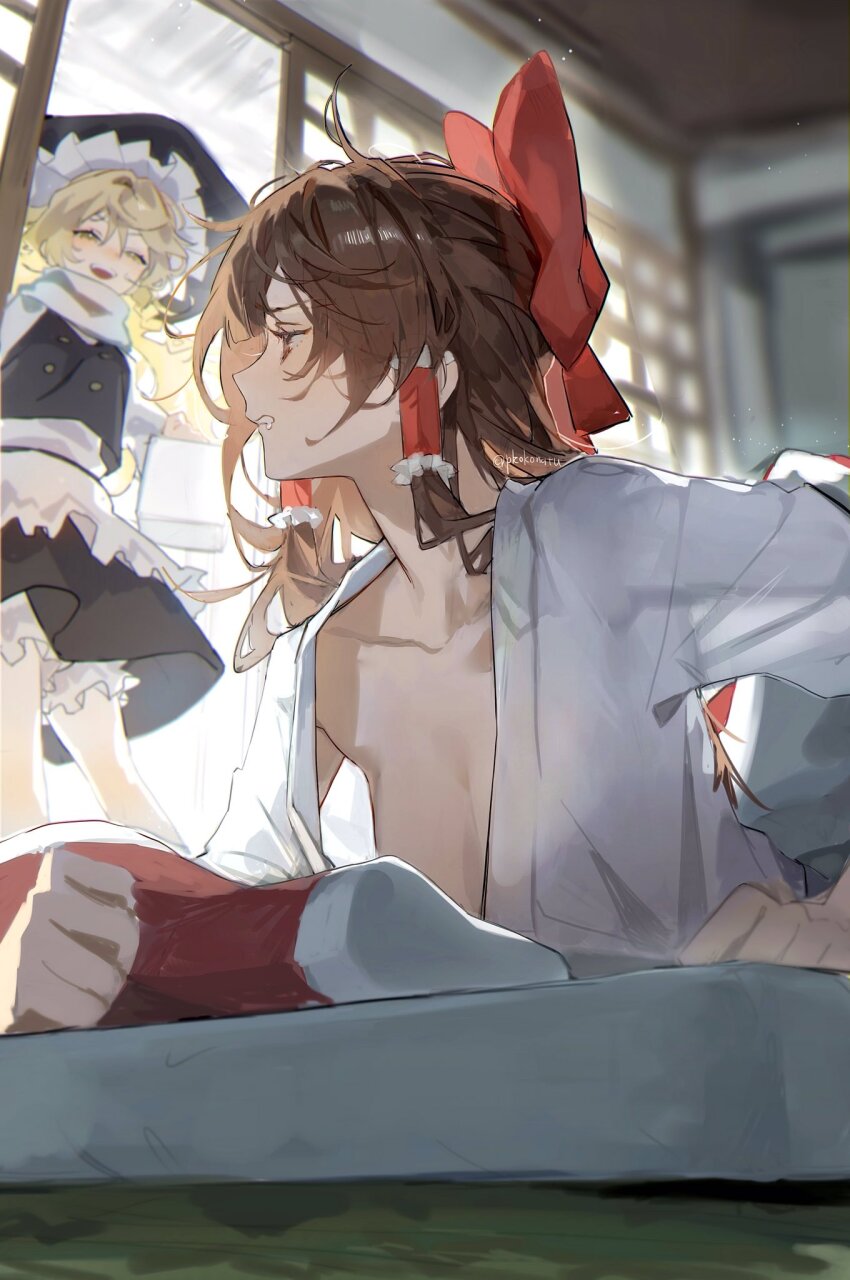 2girls, apron, black_headwear, black_vest, blonde_hair, bow, breasts, brown_eyes