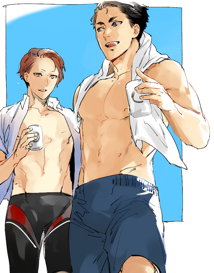2boys, alternate_costume, black_hair, black_male_swimwear, blue_background, blue_eyes, blue_male_swimwear, border