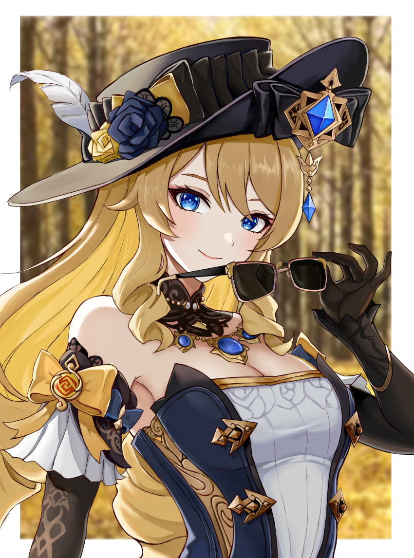 1girl, absurdres, bare_shoulders, black_gloves, black_headwear, blonde_hair, blue_eyes, blush, breasts, cleavage, commentary_request, detached_sleeves, dress, drill_hair, drill_sidelocks, genshin_impact, gloves, head_tilt, highres, holding, holding_removed_eyewear, huangwanzi, jewelry, long_hair, looking_at_viewer, medium_breasts, navia_(genshin_impact), necklace, sidelocks, smile, solo, strapless, strapless_dress, sunglasses, unworn_eyewear, upper_body, very_long_hair