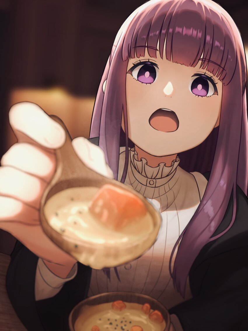 1girl, black_coat, blurry, bowl, coat, commentary, depth_of_field, dress, fern_(sousou_no_frieren), food, frills, highres, holding, holding_bowl, incoming_food, long_hair, looking_at_viewer, open_mouth, pov, purple_eyes, purple_hair, shoga_0226, sidelocks, solo, soup, sousou_no_frieren, spoon, teeth, upper_teeth_only, very_long_hair, white_dress, wooden_bowl, wooden_spoon
