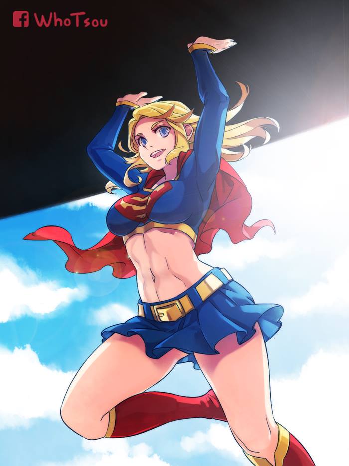 1girl, artist_name, belt, blonde_hair, blue_eyes, boots, breasts, cape, carrying, chinese_commentary, cloud, commentary_request, cropped_shirt, dc_comics, facebook_logo, knee_boots, lens_flare, long_sleeves, medium_breasts, midriff, miniskirt, navel, open_mouth, red_cape, skirt, sleeves_past_wrists, smile, solo, supergirl, superman_(series), whotsou, yellow_belt