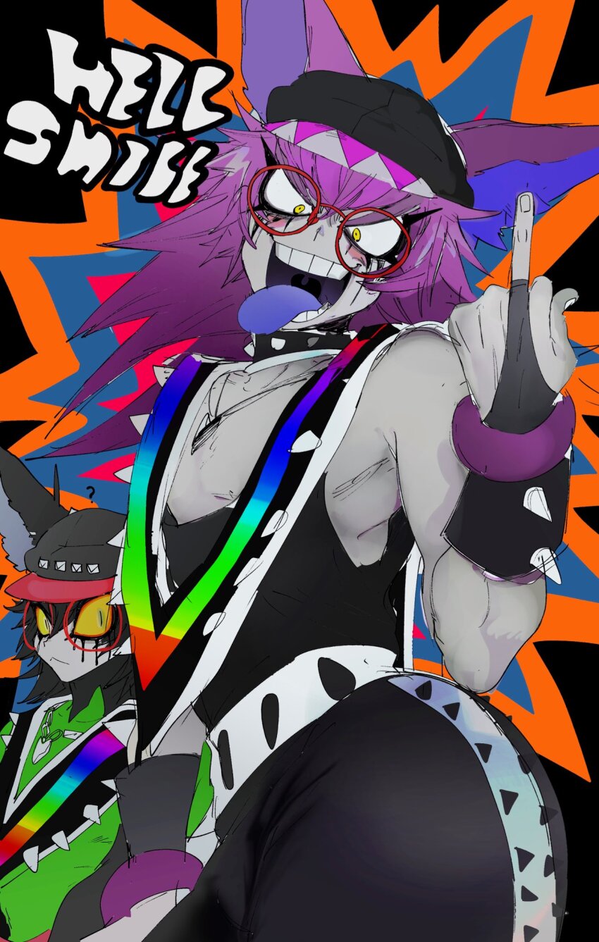 2boys, :d, animal_ears, black_headwear, black_pants, black_shirt, blue_tongue, bracelet