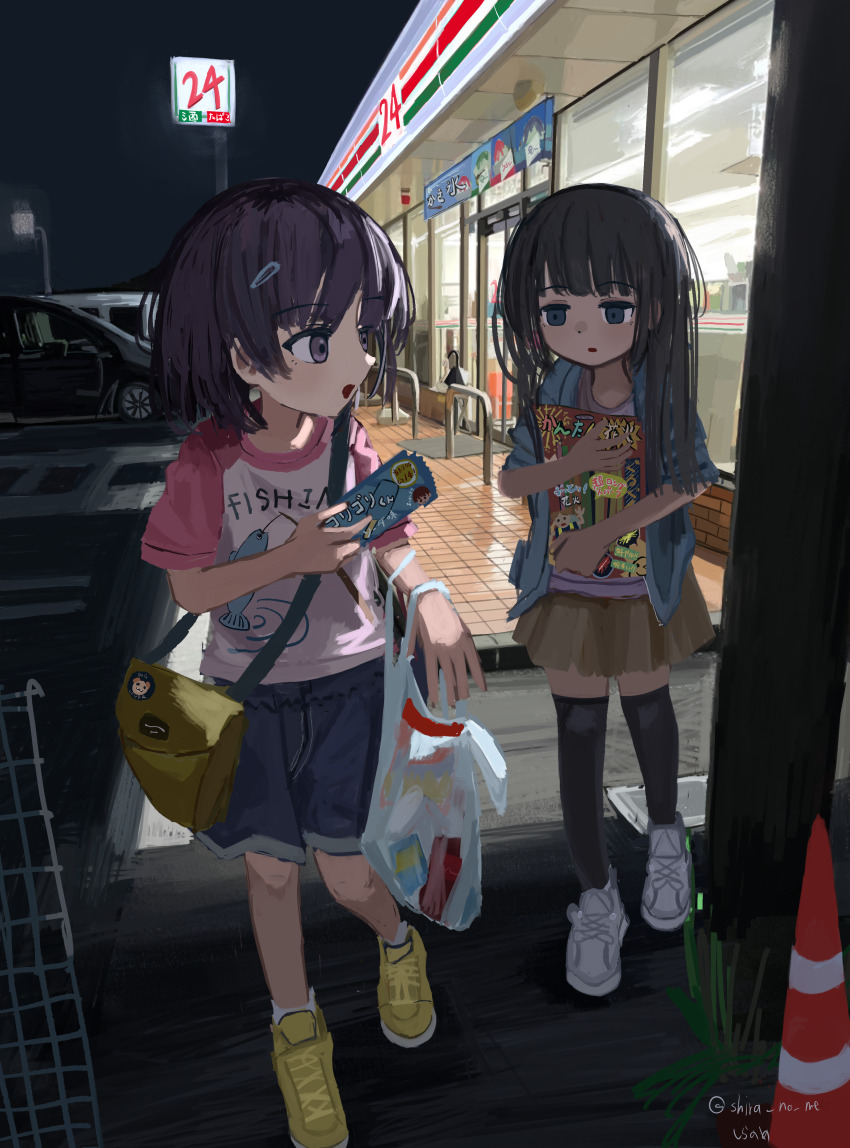 2girls, absurdres, bag, black_hair, blue_eyes, car, child, convenience_store