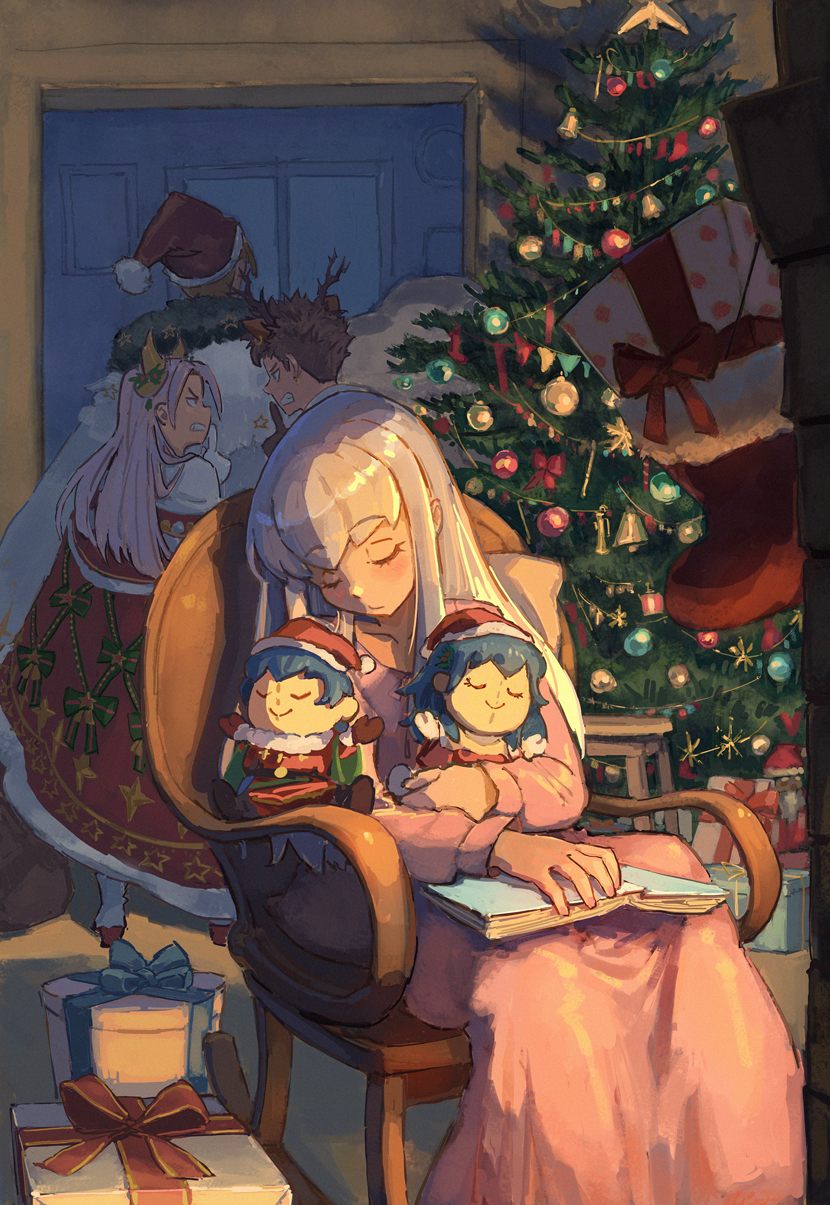2boys, 2girls, armchair, blonde_hair, book, box, brown_hair, chair, character_doll, christmas, christmas_tree, claude_von_riegan, claude_von_riegan_(yuletide_schemer), clenched_teeth, dimitri_alexandre_blaiddyd, dimitri_alexandre_blaiddyd_(blessed_protector), doll, edelgard_von_hresvelg, edelgard_von_hresvelg_(snowfall_future), female_byleth_(fire_emblem), finger_to_mouth, fire_emblem, fire_emblem:_three_houses, fire_emblem_heroes, fur_trim, gift, gift_box, green_little, grey_hair, hat, highres, lysithea_von_ordelia, male_byleth_(fire_emblem), multiple_boys, multiple_girls, nintendo, official_alternate_costume, santa_hat, shushing, sleeping, teeth