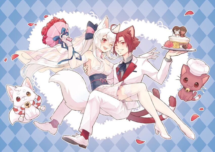 1boy, 1girl, animal_collar, animal_ears, bell, bouquet, breasts, bridal_veil, bride, cake, cat, cat_boy, cat_ears, cat_tail, chinese_commentary, cleavage, collar, commentary_request, dress, flower, food, fox, fox_ears, fox_girl, fox_tail, grin, heart, hetero, holding, holding_bouquet, holding_cake, holding_food, husband_and_wife, jacket, jingle_bell, long_hair, medium_breasts, multiple_tails, one_eye_closed, open_mouth, original, pants, petals, ponytail, red_eyes, red_flower, red_hair, red_rose, rose, rose_petals, sidelocks, sitting, sitting_on_lap, sitting_on_person, smile, strapless, strapless_dress, tail, thighhighs, tuxedo, veil, wedding, white_footwear, white_hair, white_jacket, white_pants, white_thighhighs, whotsou