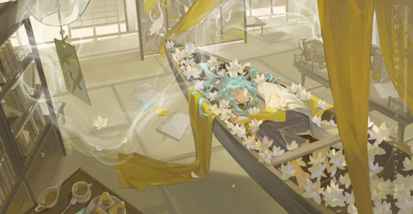 1boy, argyle, barefoot, bird, blue_hair, boat, closed_eyes, closed_mouth