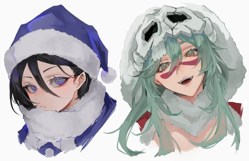 2girls, black_hair, bleach, bleach:_brave_souls, christmas, close-up, closed_mouth, colored_eyelashes, commentary_request, eyelashes, facial_mark, frown, fur-trimmed_hood, fur_trim, green_hair, hair_between_eyes, hair_ornament, hat, head_tilt, highres, hood, hood_up, kuchiki_rukia, light_blush, lips, long_hair, looking_at_viewer, multiple_girls, nelliel_tu_odelschwanck, open_mouth, purple_eyes, santa_costume, santa_hat, santa_hood, scar, scar_on_face, scarf, short_hair, simple_background, sketch, skull_hair_ornament, smile, teeth, tsurime, ui_1231, white_background, white_scarf, yellow_eyes