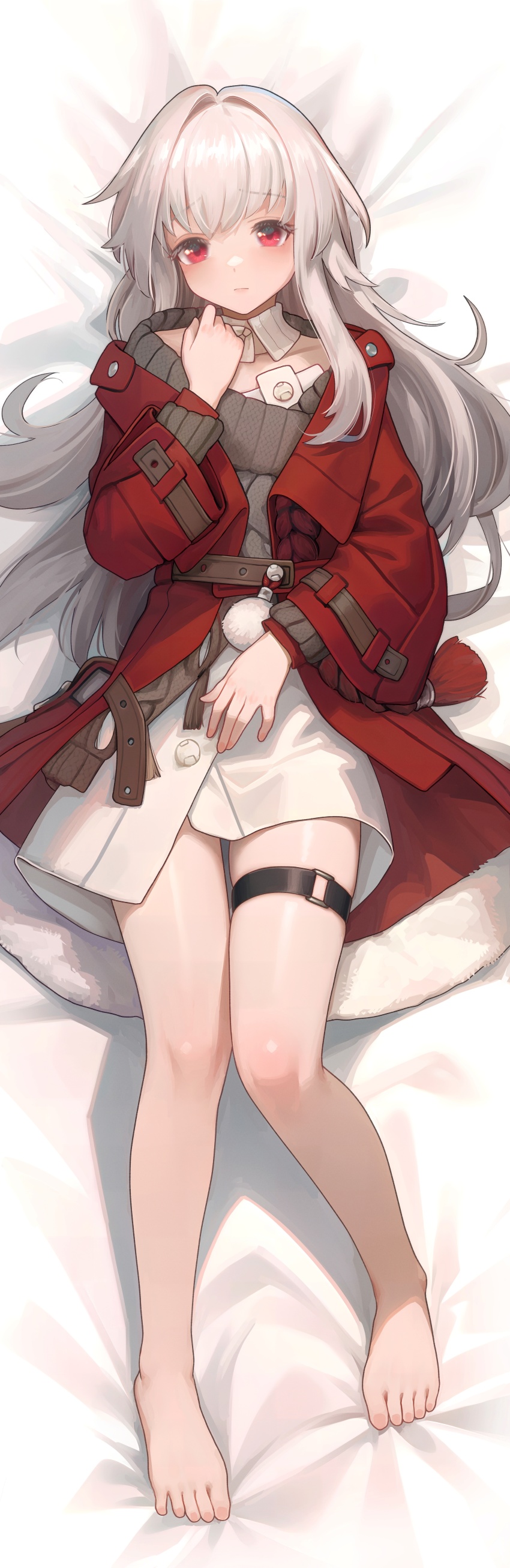 1girl, absurdres, bare_legs, barefoot, brown_sweater, clara_(honkai:_star_rail), closed_mouth, commentary_request, dakimakura_(medium), feet, full_body, highres, honkai:_star_rail, honkai_(series), incredibly_absurdres, jacket, knees_together_feet_apart, legs, long_hair, long_sleeves, lying, o-ring, o-ring_thigh_strap, on_back, red_eyes, red_jacket, solo, sweater, thigh_strap, toenails, toes, welt_(kinsei_koutenkyoku), white_hair