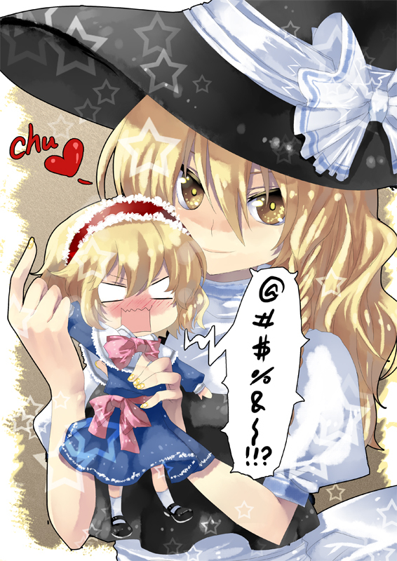 2girls, alice_margatroid, angry, blonde_hair, blush, braid, esythqua, female_focus