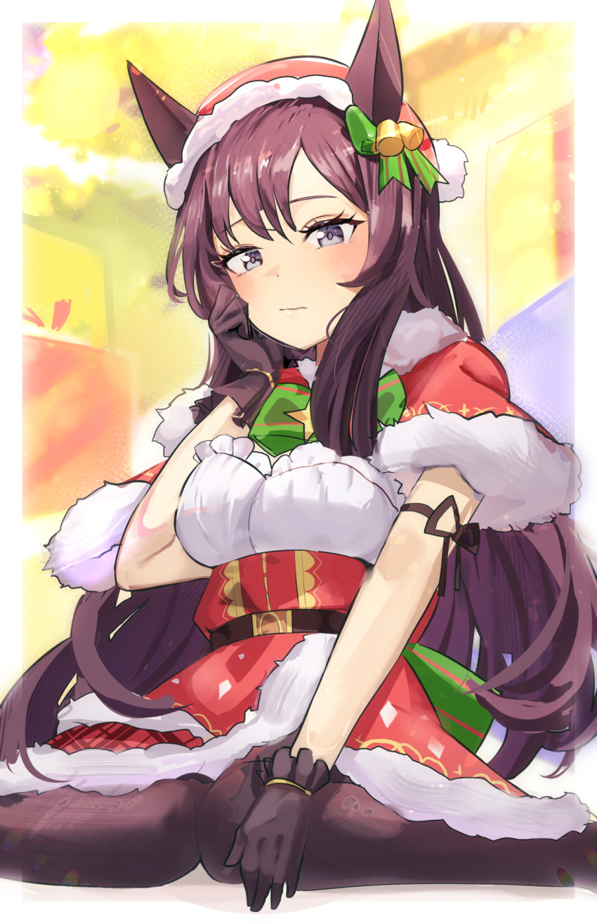 1girl, animal_ears, belt, black_gloves, blush, bow, capelet, christmas