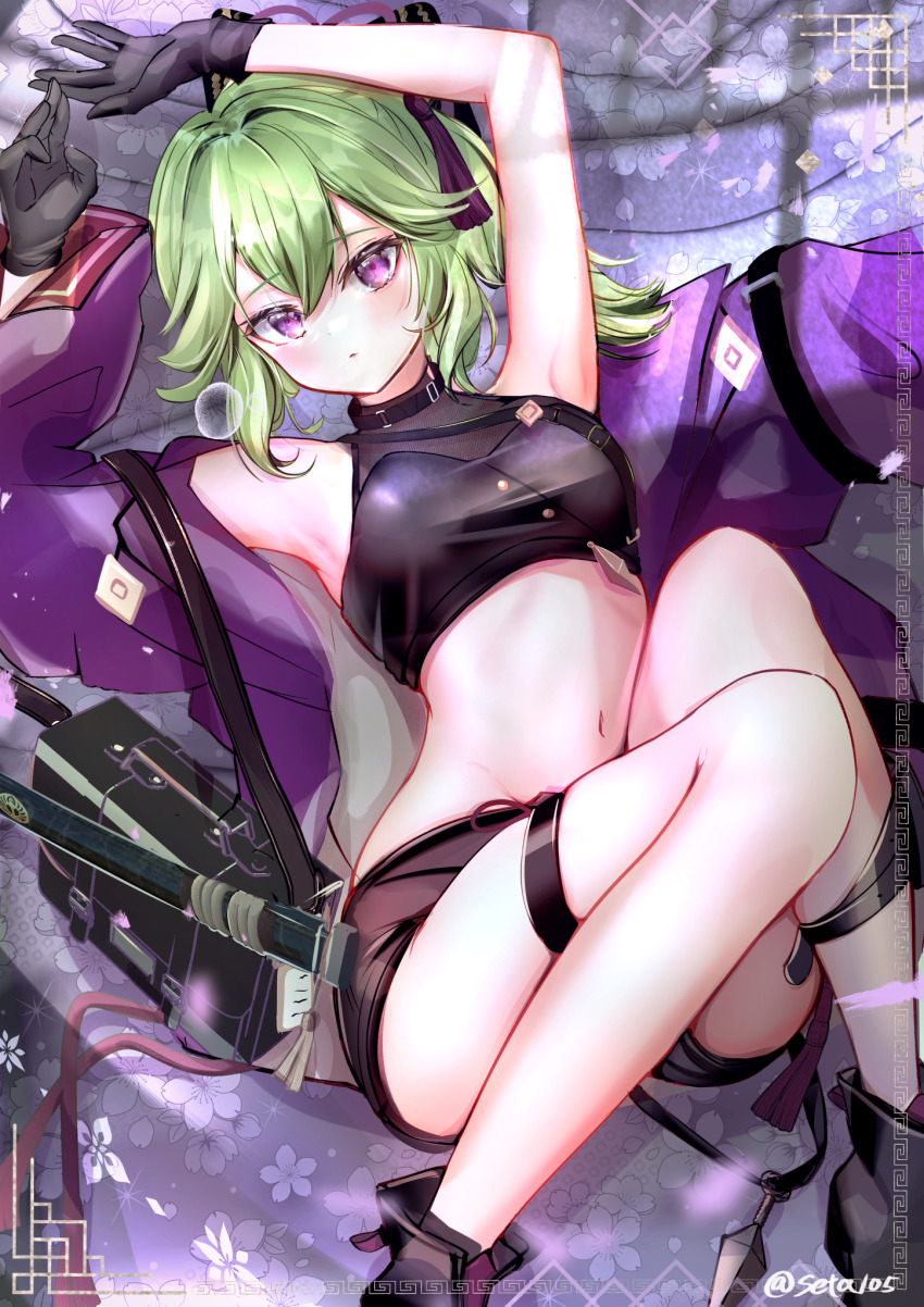 1girl, armpits, black_gloves, black_shorts, blush, commission, crop_top, genshin_impact, gloves, green_hair, hair_between_eyes, highres, kuki_shinobu, looking_at_viewer, lying, midriff, navel, on_back, pixiv_commission, ponytail, purple_eyes, seta_(seta105), sheath, short_shorts, shorts, solo, stomach, thigh_strap, twitter_username